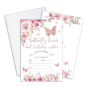 Watercolor Floral Invitation to Butterfly Birthday Party, Pink Butterfly Birthday Decoration, Baby, Adult, Sister Birthday, Double Sided Printed 20 Invitation Cards with Envelope, 4"x6 (JY283)