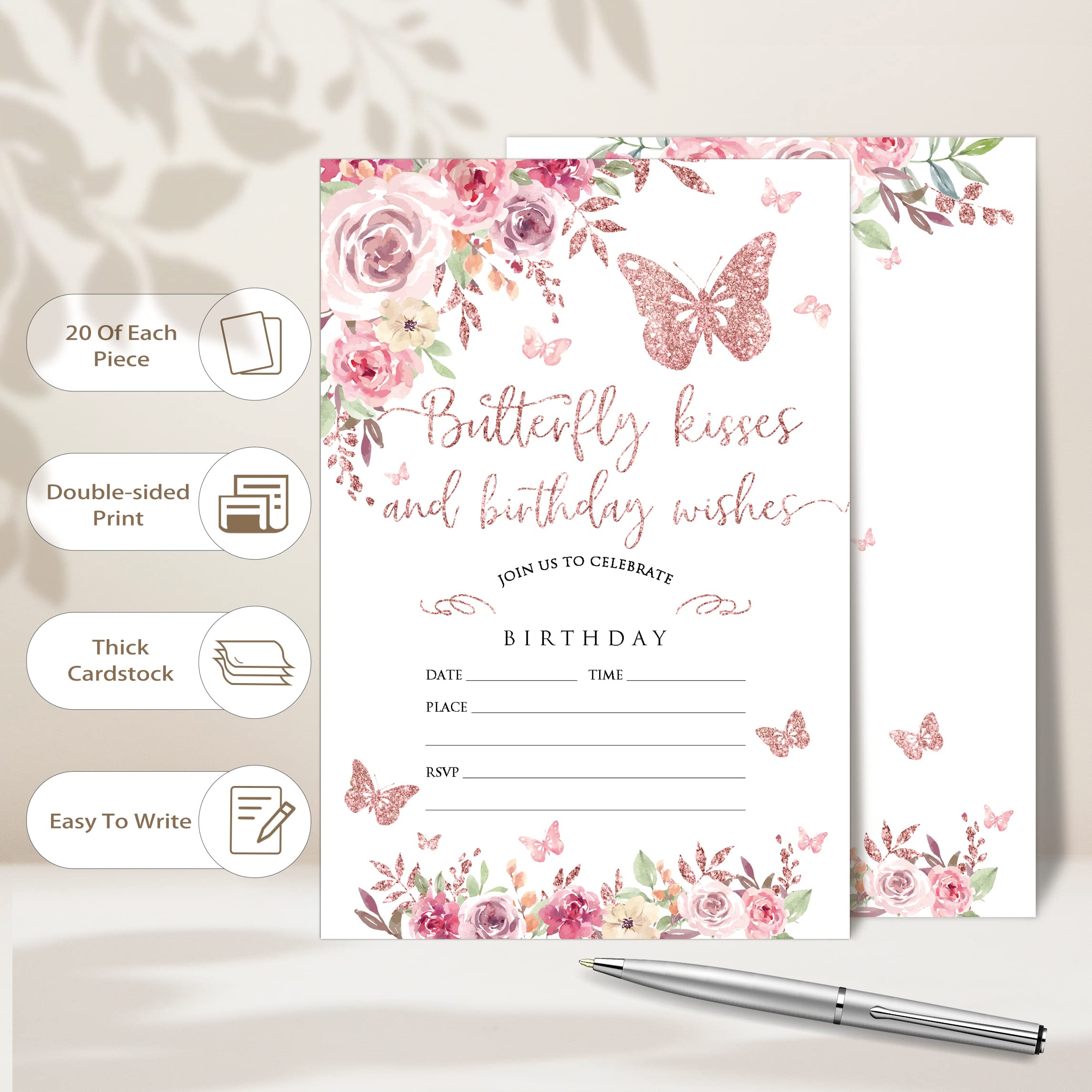 Watercolor Floral Invitation to Butterfly Birthday Party, Pink Butterfly Birthday Decoration, Baby, Adult, Sister Birthday, Double Sided Printed 20 Invitation Cards with Envelope, 4"x6 (JY283)