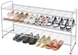 keetdy 3-tier long shoe rack for closet metal shoe organizer for entryway, wide stackable shoe storage shelf with sturdy wire grid for closet floor, bedroom, grey…