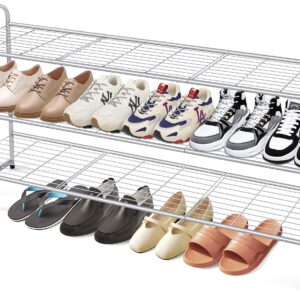 KEETDY 3-Tier Long Shoe Rack for Closet Metal Shoe Organizer for Entryway, Wide Stackable Shoe Storage Shelf with Sturdy Wire Grid for Closet Floor, Bedroom, Grey…