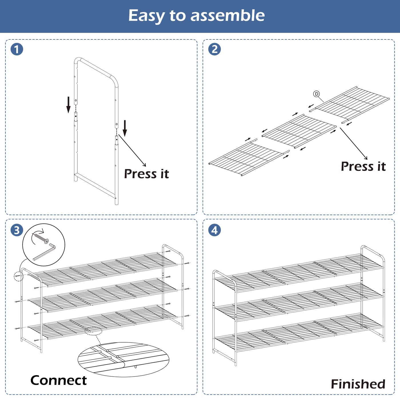 KEETDY 3-Tier Long Shoe Rack for Closet Metal Shoe Organizer for Entryway, Wide Stackable Shoe Storage Shelf with Sturdy Wire Grid for Closet Floor, Bedroom, Grey…