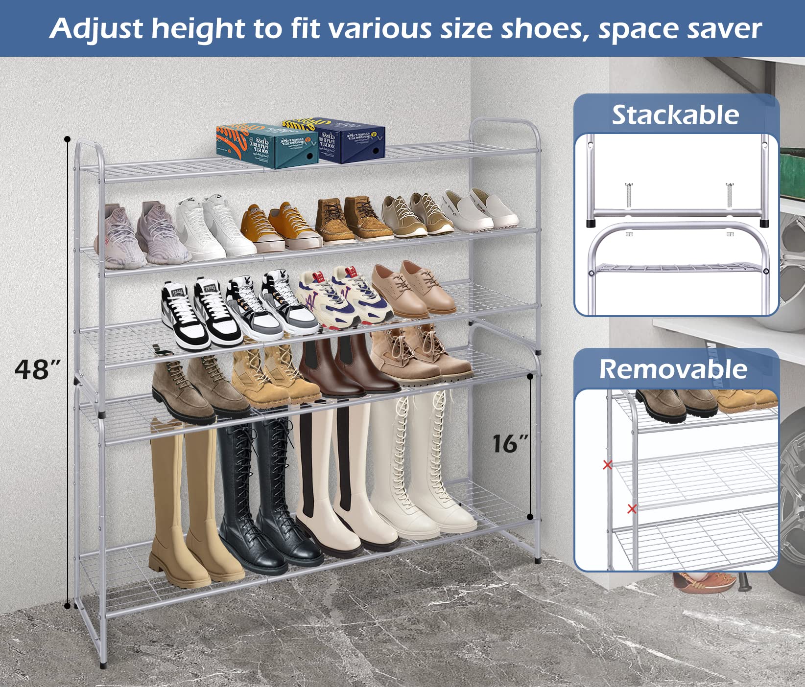 KEETDY 3-Tier Long Shoe Rack for Closet Metal Shoe Organizer for Entryway, Wide Stackable Shoe Storage Shelf with Sturdy Wire Grid for Closet Floor, Bedroom, Grey…