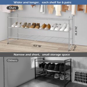 KEETDY 3-Tier Long Shoe Rack for Closet Metal Shoe Organizer for Entryway, Wide Stackable Shoe Storage Shelf with Sturdy Wire Grid for Closet Floor, Bedroom, Grey…