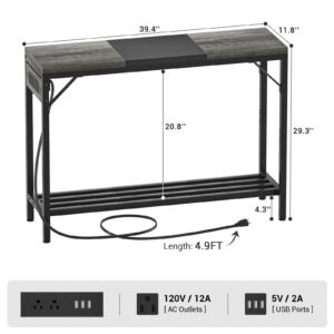 Narrow Console Table with Power Strips, Sofa Table with Storage Shelves for Living Room, 2-Tier Foyer Table for Entryway, Hallway, Behind Couch, Kitchen Counter, 39'', Grey Oak & Black