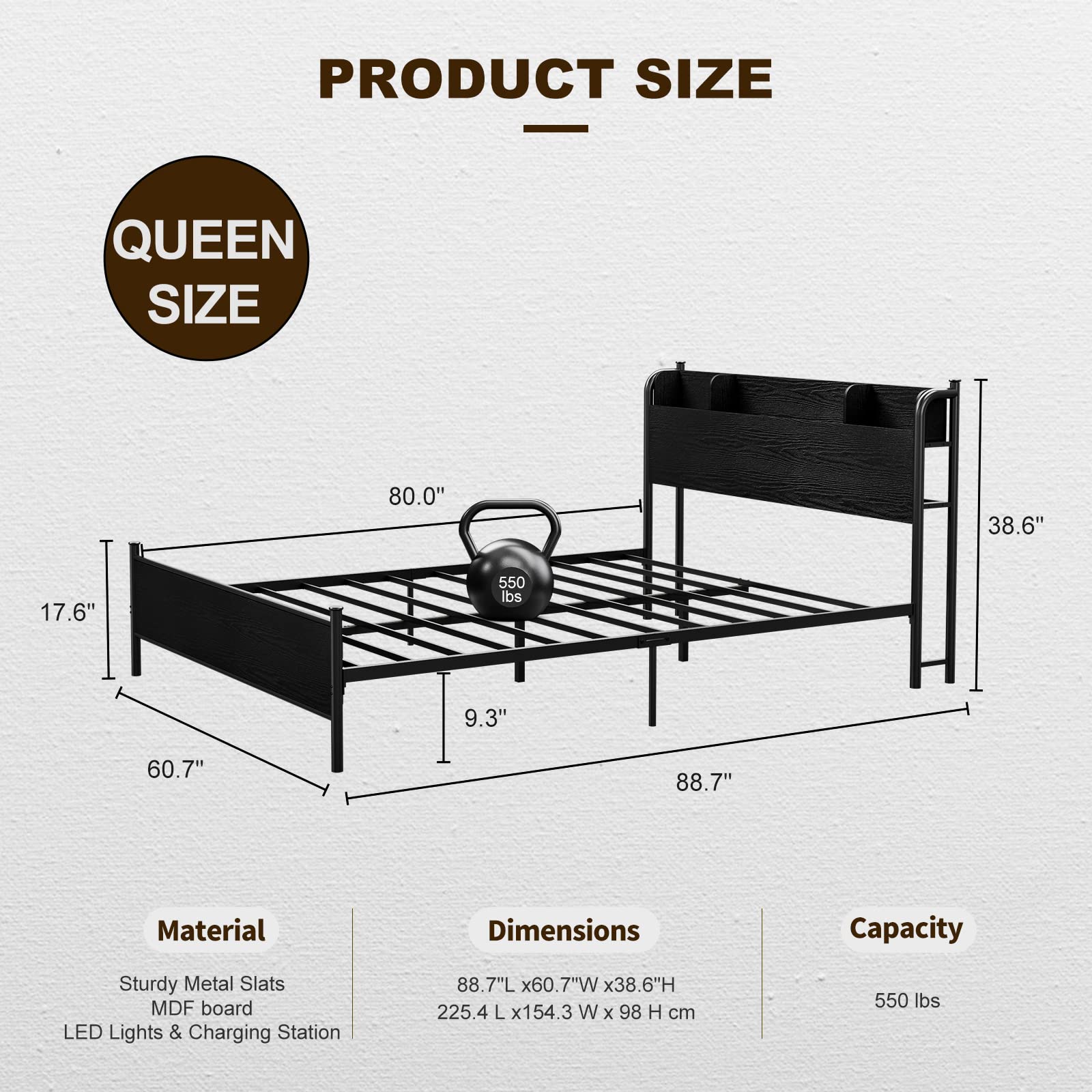 IKIFLY Queen Bed Frame with Storage Shelf Headboard & Charging Station - Metal LED Platform Bed with Strong Steel Slats, No Box Spring Needed, Noise Free, Industrial Vintage Design - Black