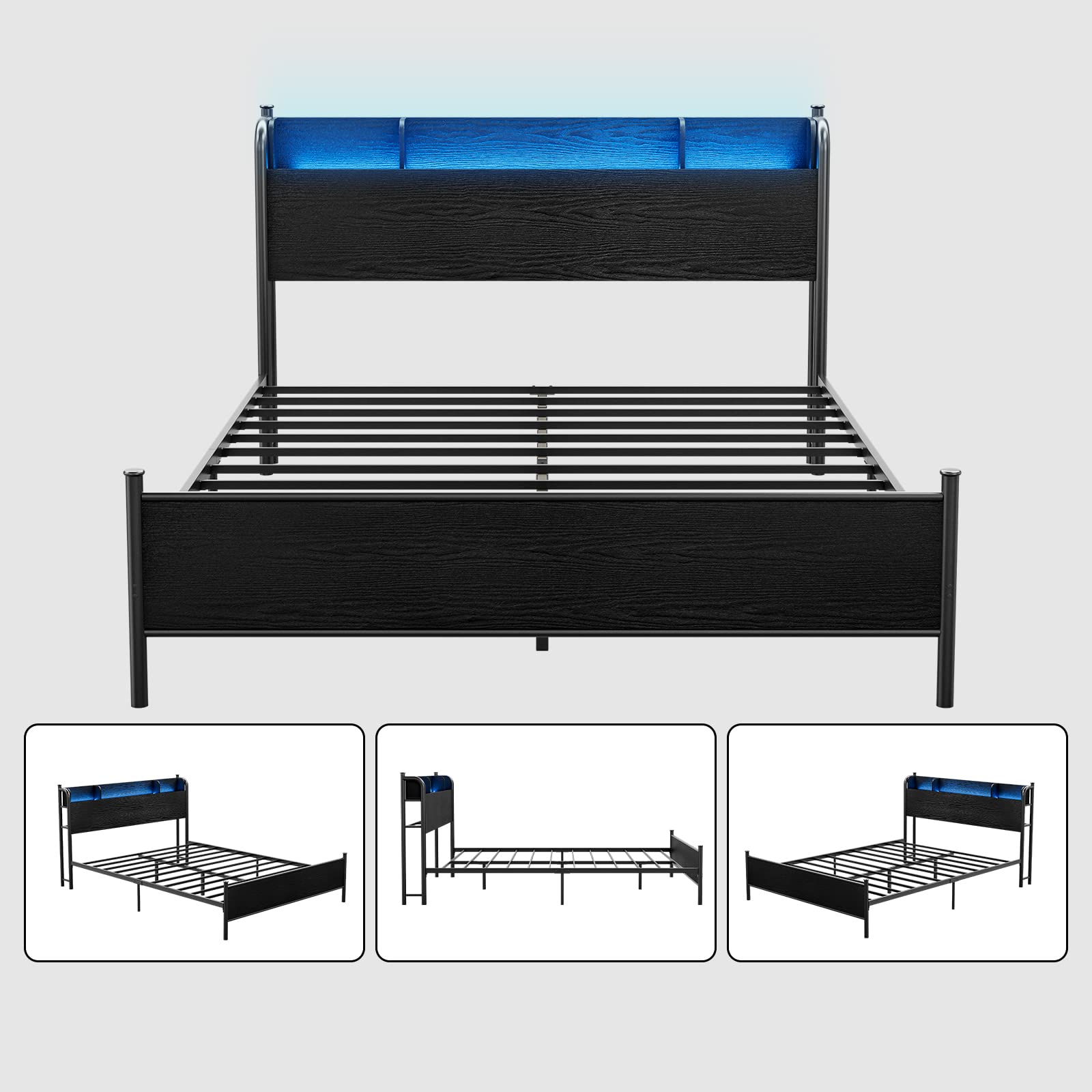 IKIFLY Queen Bed Frame with Storage Shelf Headboard & Charging Station - Metal LED Platform Bed with Strong Steel Slats, No Box Spring Needed, Noise Free, Industrial Vintage Design - Black