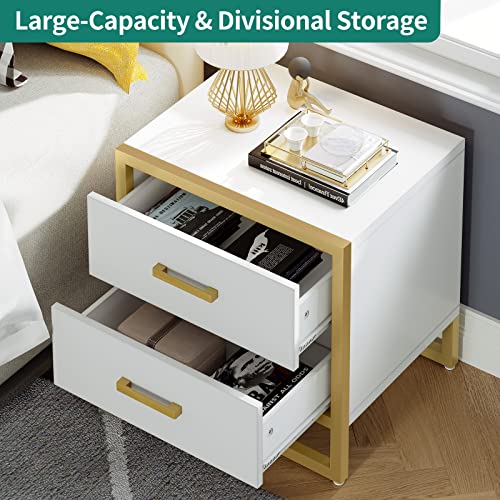 YITAHOME Nightstand with 2 Drawers, Small End Side Table with Storage, Modern Bedside Bed Table with Metal Frame for Small Space, Bedroom and Living Room, White