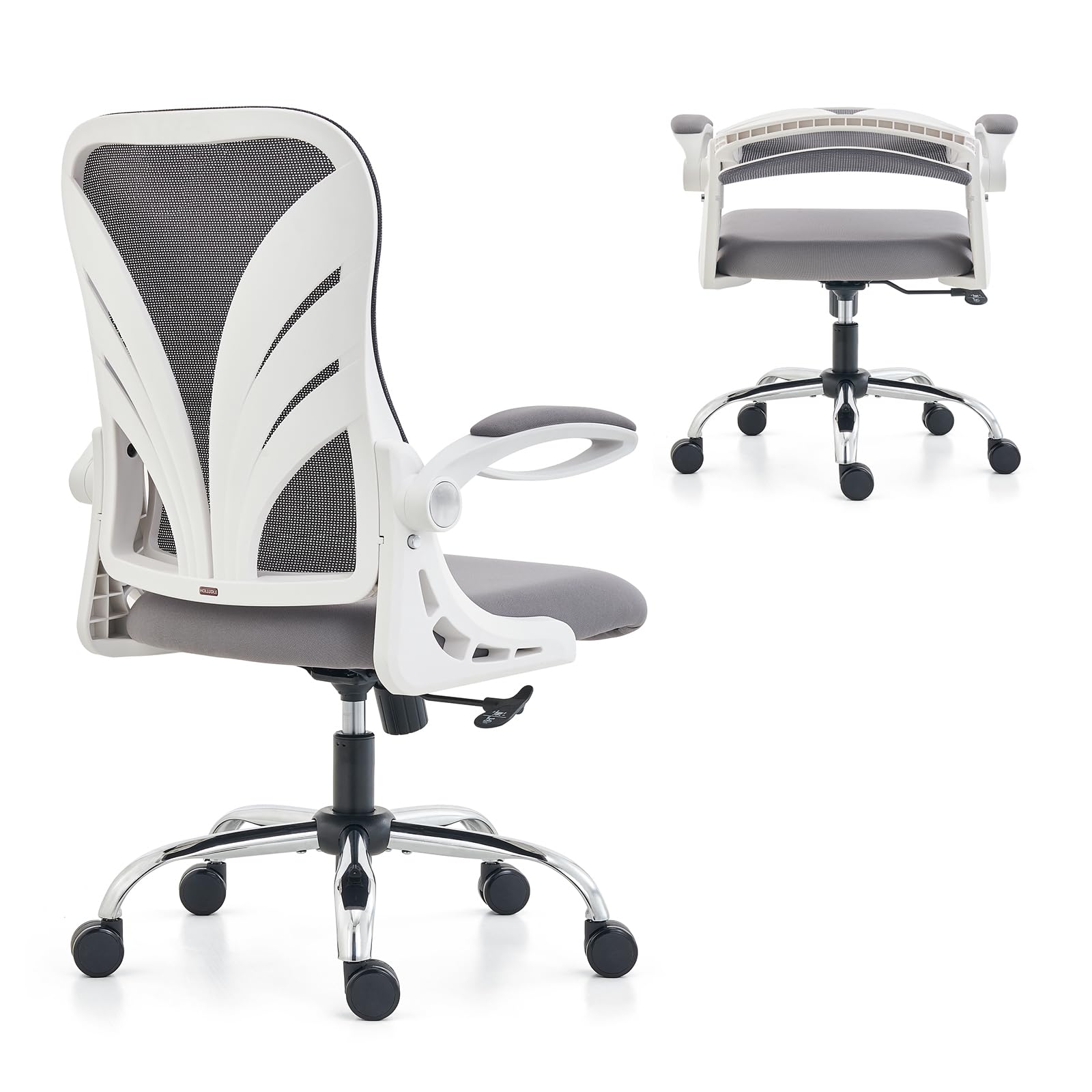 HOLLUDLE Ergonomic Office Chair with Foldable Backrest, Computer Desk Chair with Flip-up Armrests, Mesh Lumbar Support and Tilt Function Big and Tall Office Chair, White