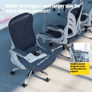 HOLLUDLE Ergonomic Office Chair with Foldable Backrest, Computer Desk Chair with Flip-up Armrests, Mesh Lumbar Support and Tilt Function Big and Tall Office Chair, White