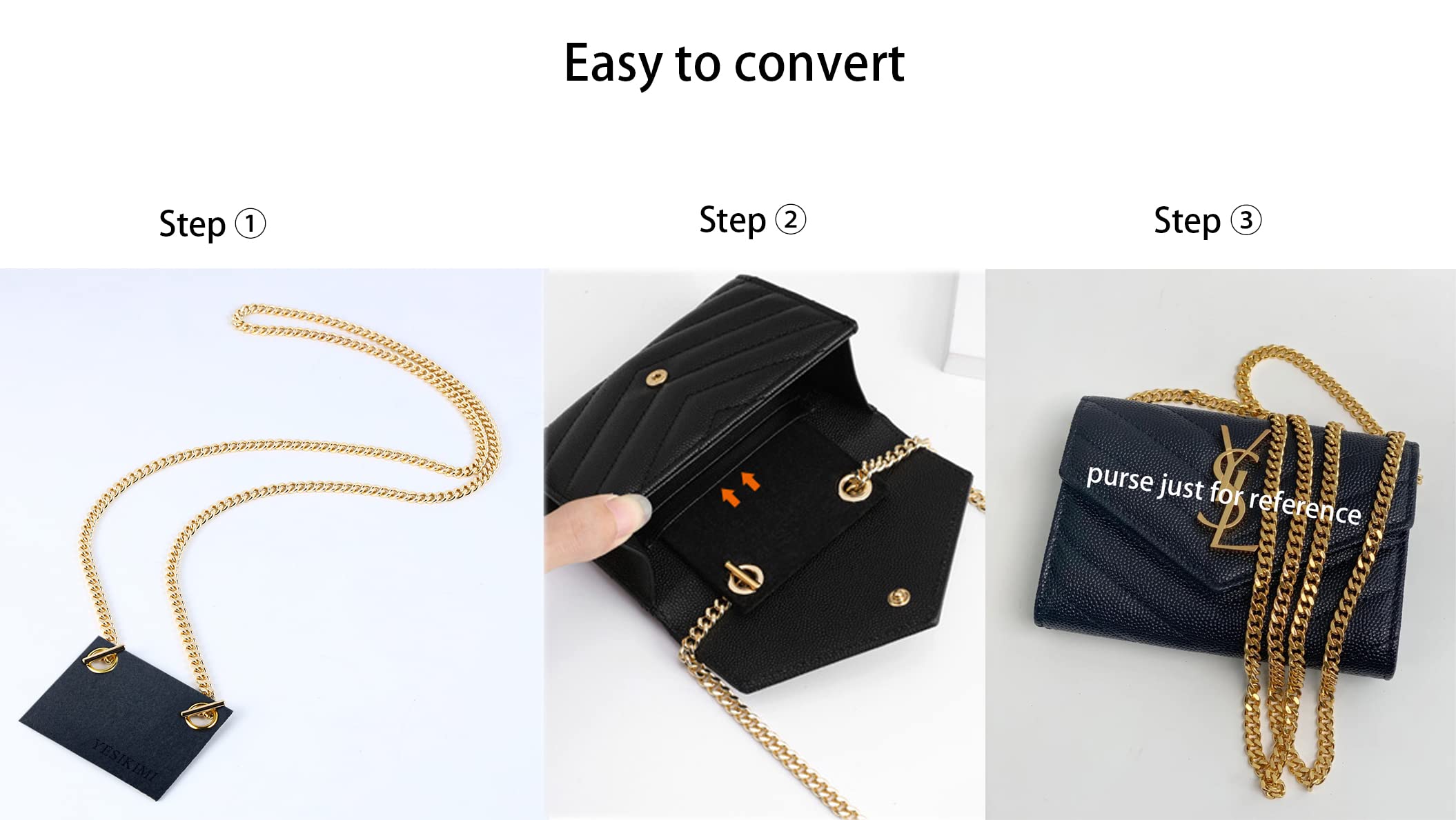 YESIKIMI Conversion Kit Compatible With YSL small card holder Felt Insert + 47" Gold Chain (beige)