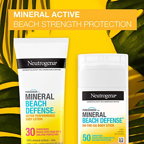 Neutrogena Purescreen+ Mineral Beach Defense Active Performance Body Lotion Sunscreen with Broad Spectrum SPF 30, Quick Drying and Water-Resistant 80 Minutes UVA/UVB Protection, 3.0 fl. oz