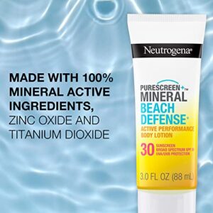 Neutrogena Purescreen+ Mineral Beach Defense Active Performance Body Lotion Sunscreen with Broad Spectrum SPF 30, Quick Drying and Water-Resistant 80 Minutes UVA/UVB Protection, 3.0 fl. oz