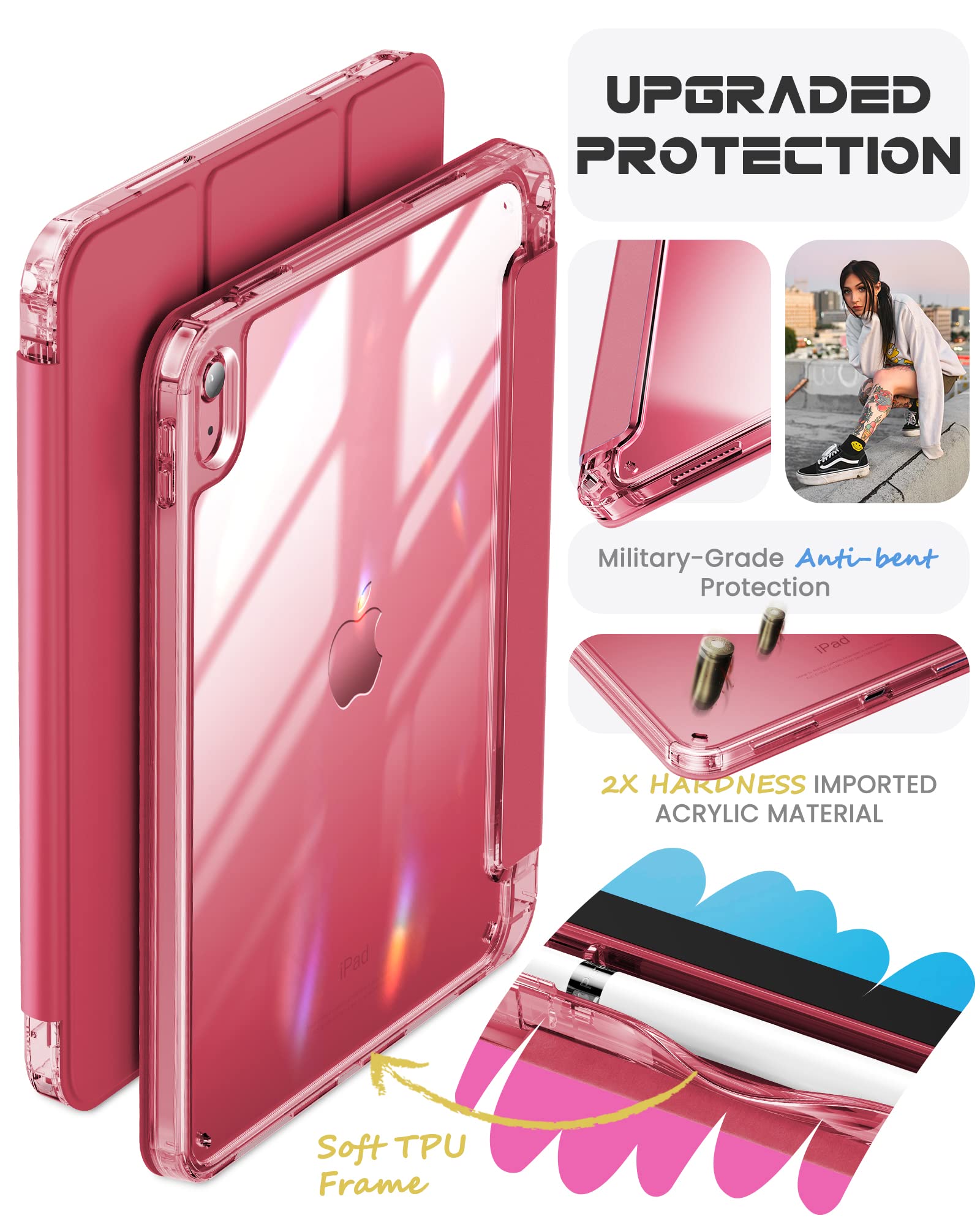 INFILAND Compatible with iPad 10th Generation Case 2022, iPad Case 10th Generation 10.9 Inch, Full Crystal Clear with Slot for Pencil & Charging Adapter, Rose Pink