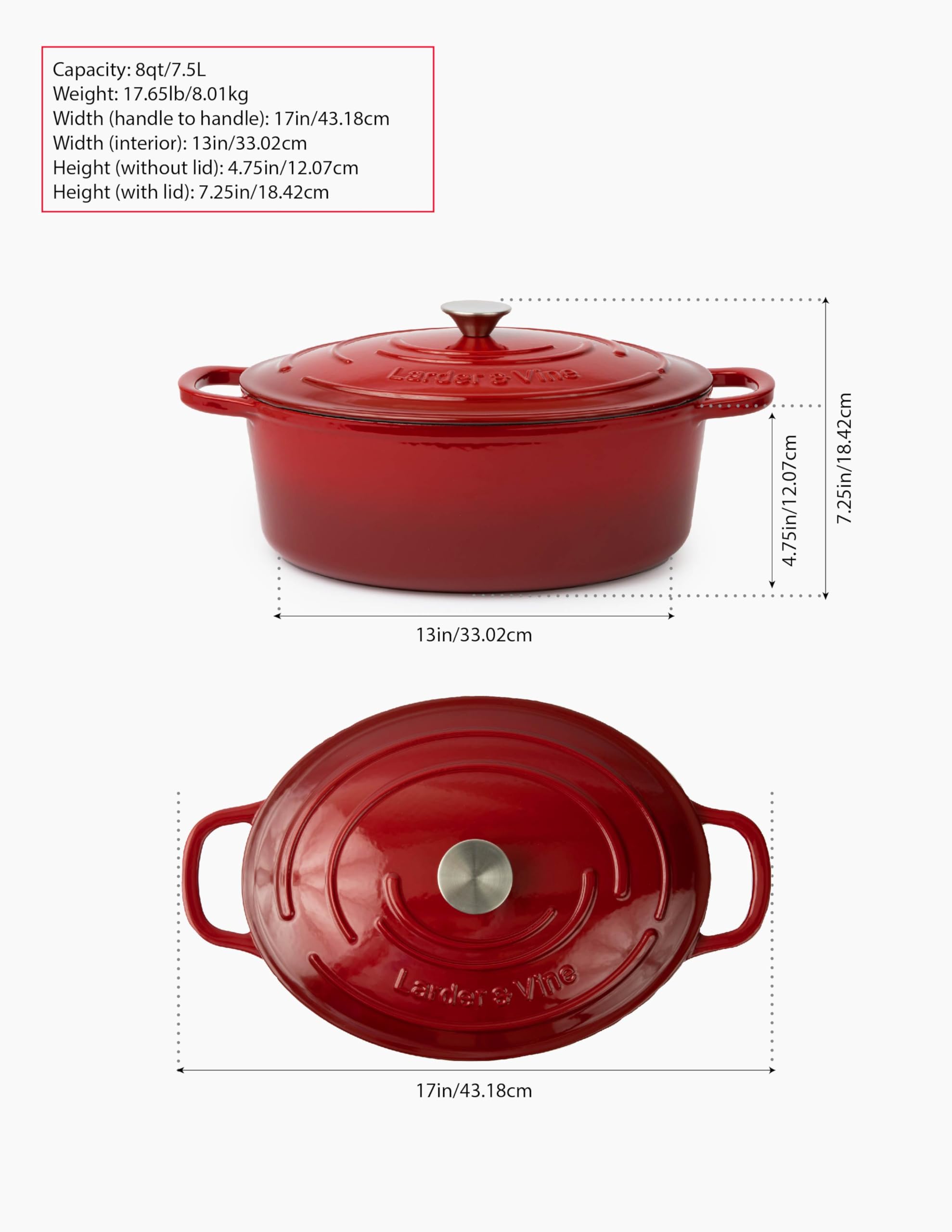 Larder & Vine Enameled Cast Iron Dutch Oven with Lid - Oversized Handles, Dome Lid, Dutch Oven for Sourdough Bread Making, 8QT/7.5L - (Cabernet)