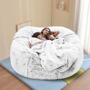 Giant Fur Bean Bag Chair Cover for Kids Adults, (No Filler) Living Room Furniture Big Round Soft Fluffy Faux Fur Beanbag Lazy Sofa Bed Cover (Snow Black, 7FT)