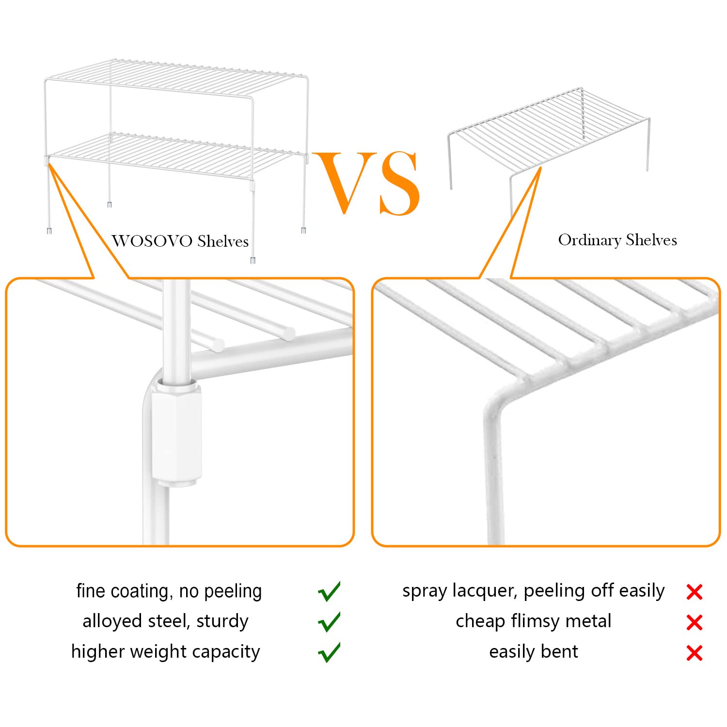 WOSOVO Set of 2 Kitchen Cabinet Organizer and Storage Shelves Stackable Expandable Storage Racks with Anti-Slip Liners for Cabinet Pantry, White