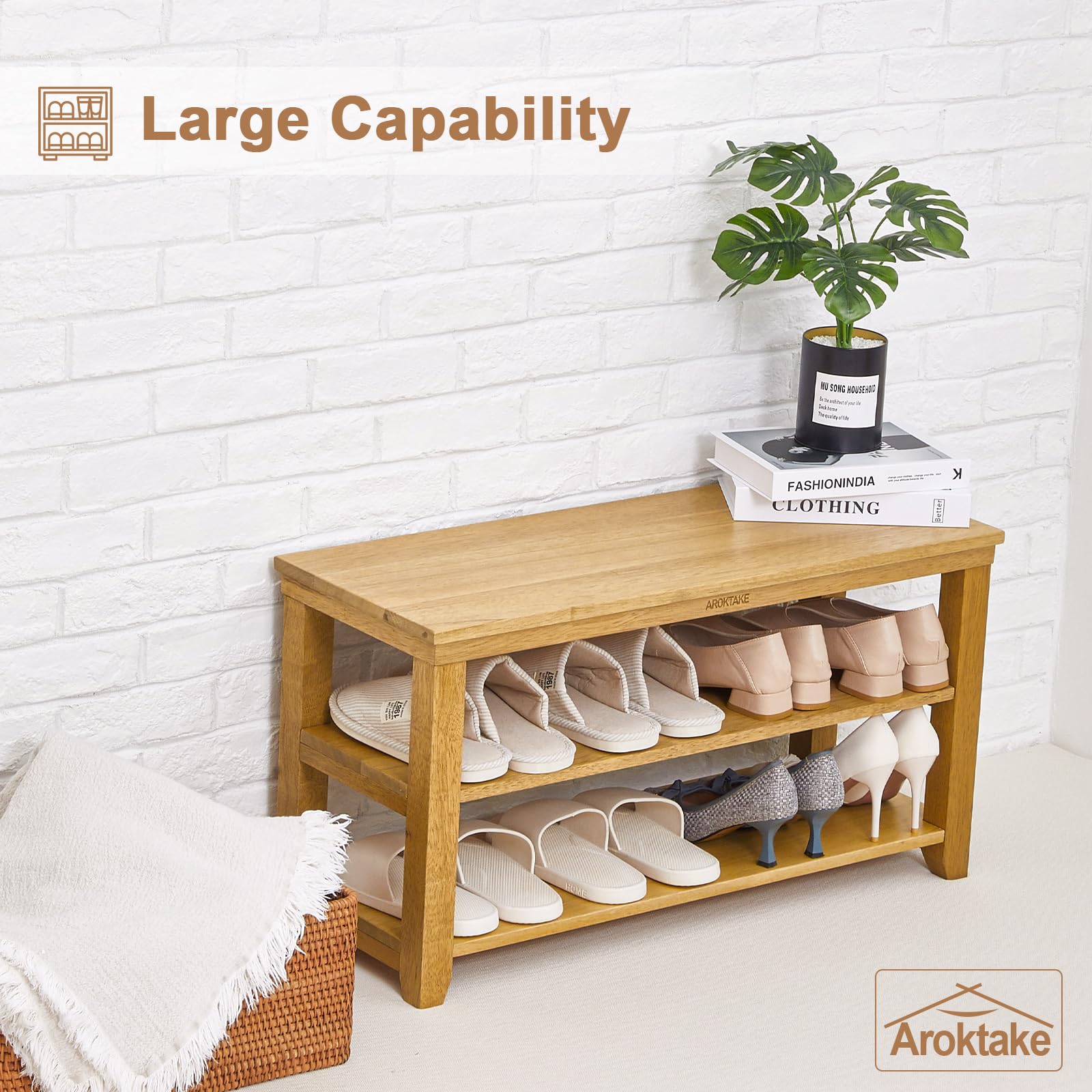 Aroktake Shoe Rack Bench, 2-Tier Wood Heavy Duty Shoe Organizer Shelf for Entryway, Living Room,Bedroom (Natural, 11.81"X31.5"X16.54")