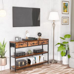 Furologee Long 47" Console Sofa Table with 3 Drawers, Entryway Table with 3-Tier Storage Shelves, Industrial Display Shelf for Entry Way, Hallway, Couch, Living Room, Kitchen, Foyer, Rustic Brown