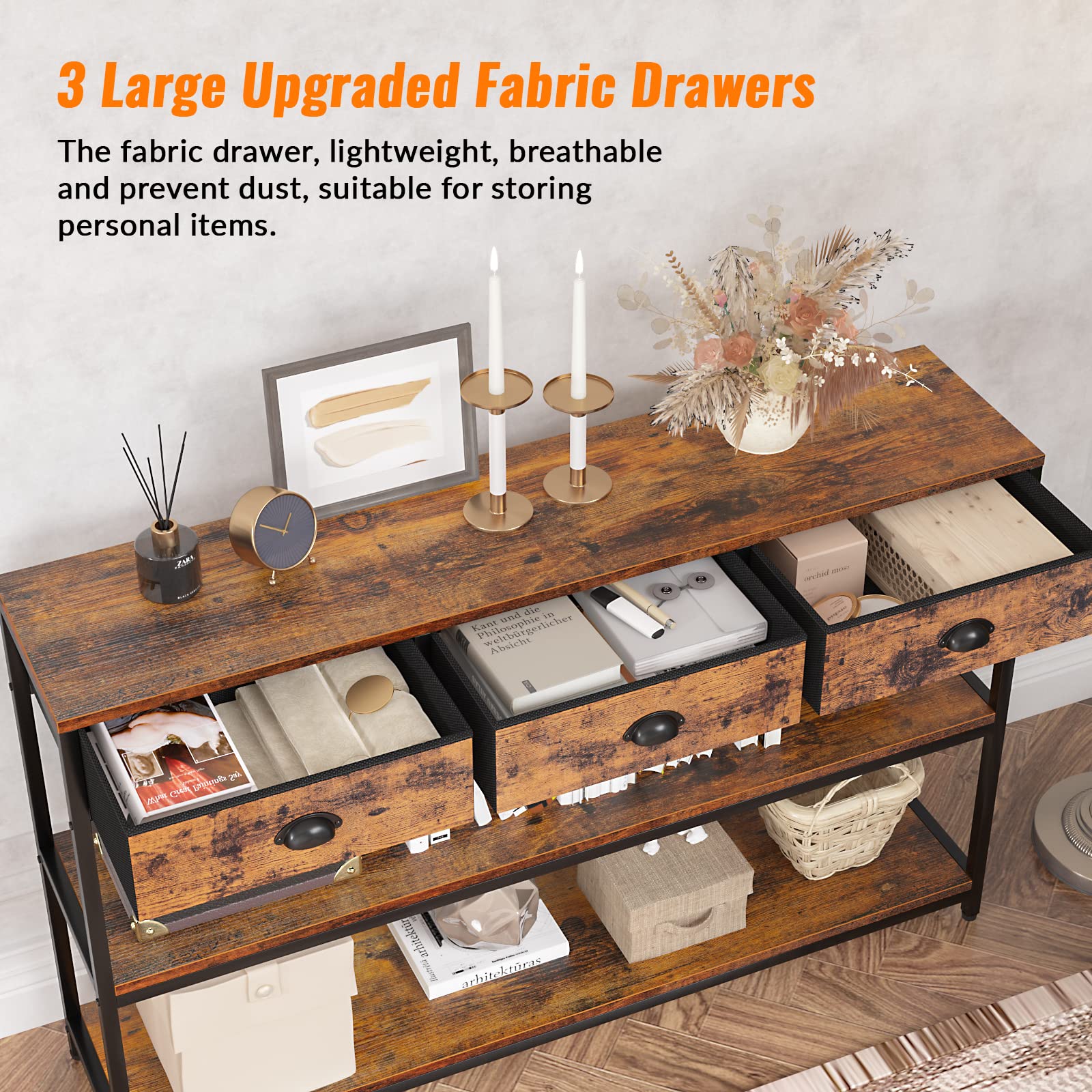 Furologee Long 47" Console Sofa Table with 3 Drawers, Entryway Table with 3-Tier Storage Shelves, Industrial Display Shelf for Entry Way, Hallway, Couch, Living Room, Kitchen, Foyer, Rustic Brown