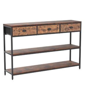 Furologee Long 47" Console Sofa Table with 3 Drawers, Entryway Table with 3-Tier Storage Shelves, Industrial Display Shelf for Entry Way, Hallway, Couch, Living Room, Kitchen, Foyer, Rustic Brown