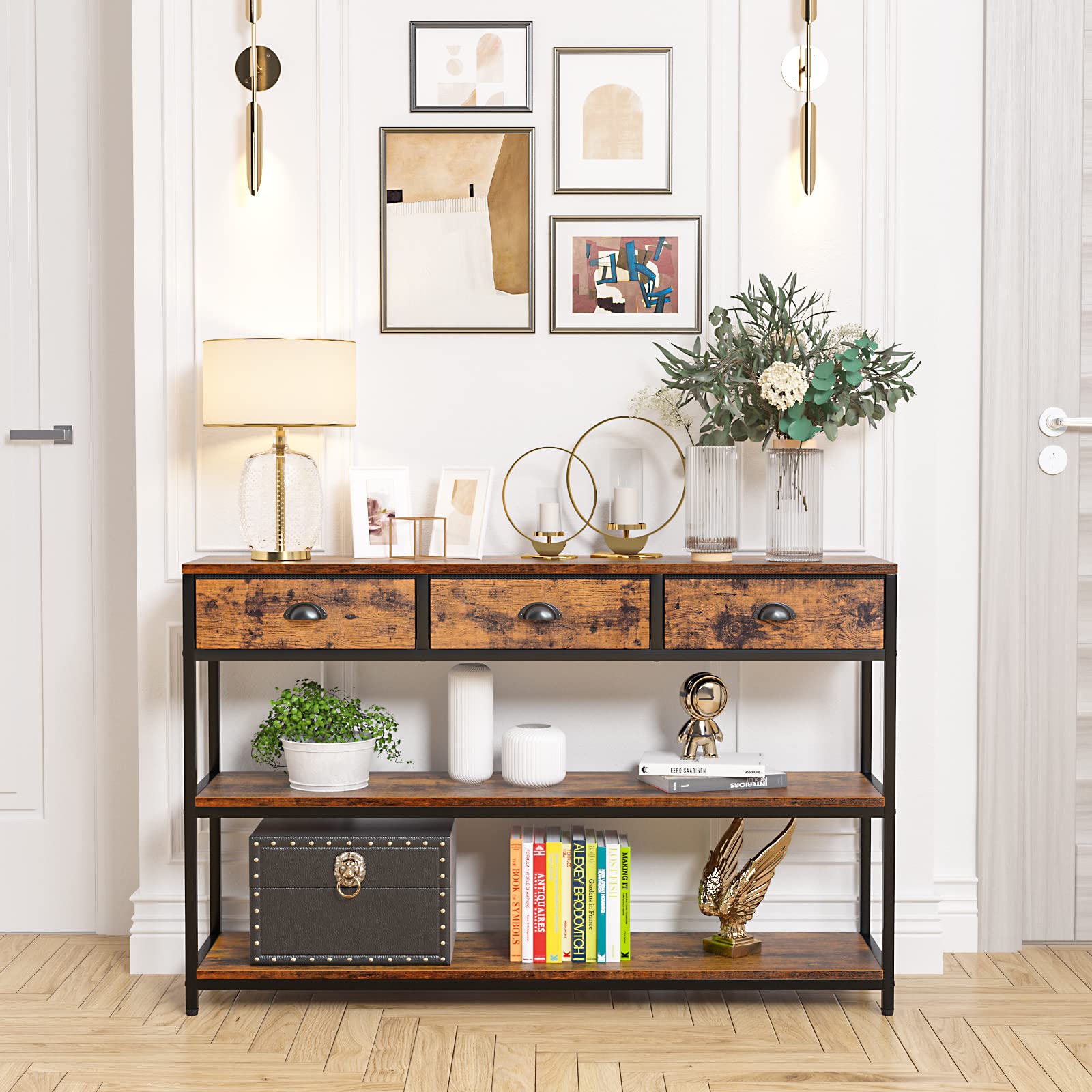 Furologee Long 47" Console Sofa Table with 3 Drawers, Entryway Table with 3-Tier Storage Shelves, Industrial Display Shelf for Entry Way, Hallway, Couch, Living Room, Kitchen, Foyer, Rustic Brown