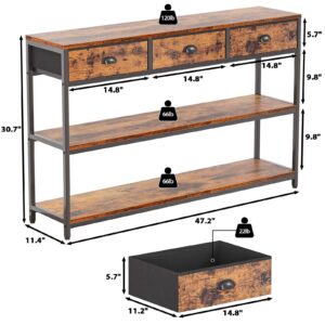 Furologee Long 47" Console Sofa Table with 3 Drawers, Entryway Table with 3-Tier Storage Shelves, Industrial Display Shelf for Entry Way, Hallway, Couch, Living Room, Kitchen, Foyer, Rustic Brown