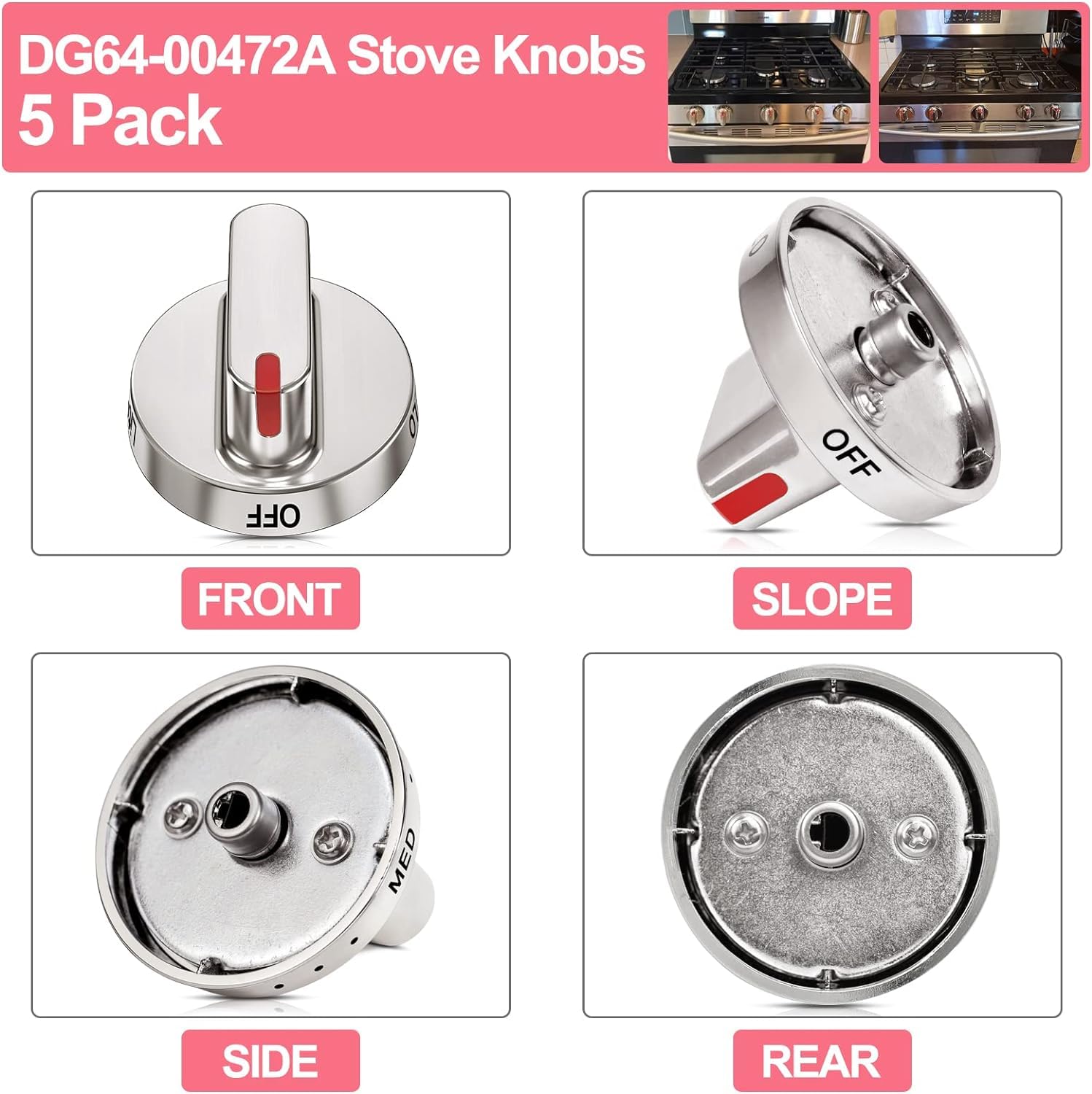 Upgraded DG64-00472A Stove Knobs Stainless Steel Compatible with Samsung Gas Range Oven Stove Replaces DG64-00347A,AP5949480,PS10058981 Fits FX510BGS FX710BGS NX58F5500SS Replacement knobs (5 Pack)