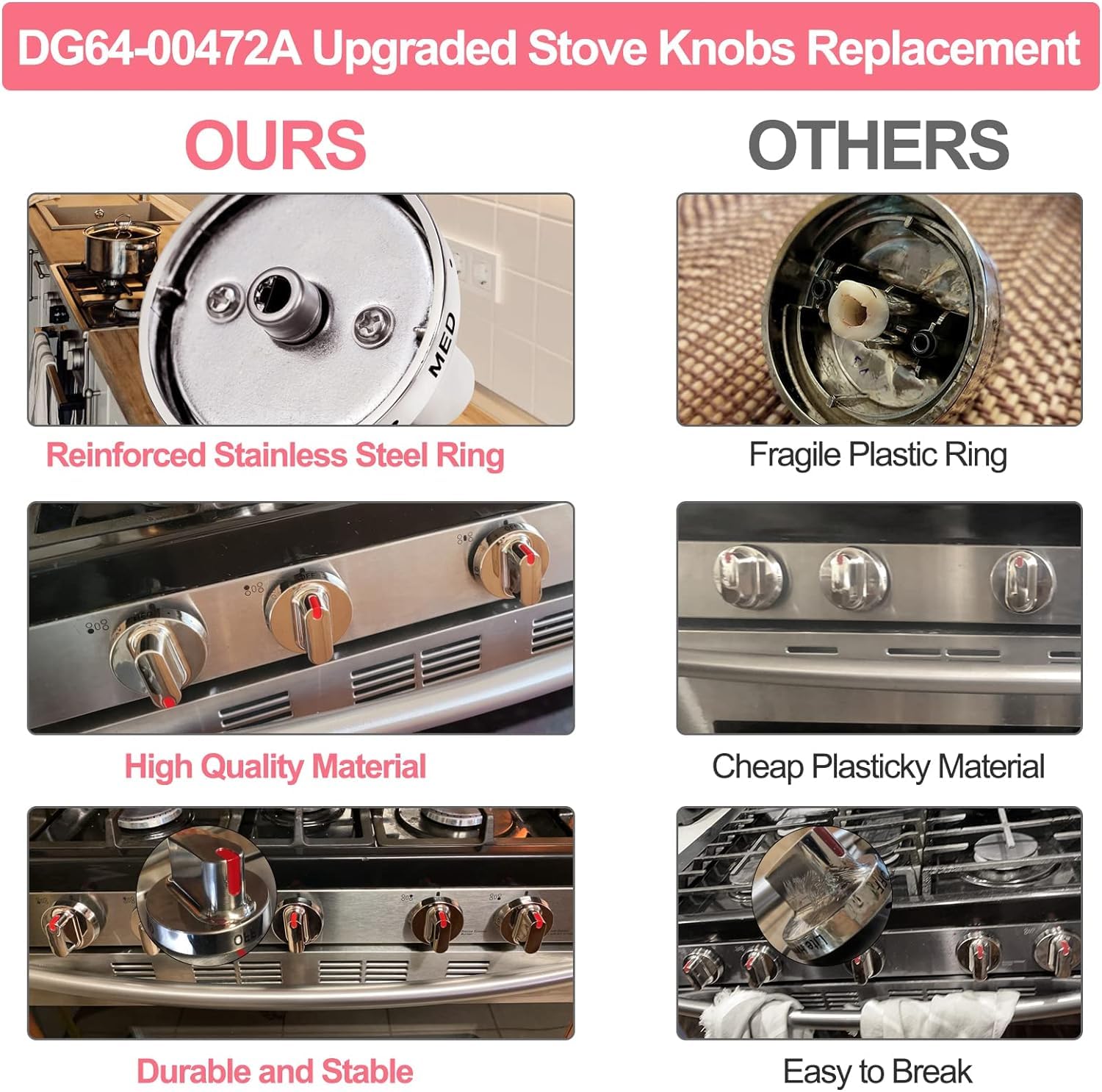 Upgraded DG64-00472A Stove Knobs Stainless Steel Compatible with Samsung Gas Range Oven Stove Replaces DG64-00347A,AP5949480,PS10058981 Fits FX510BGS FX710BGS NX58F5500SS Replacement knobs (5 Pack)