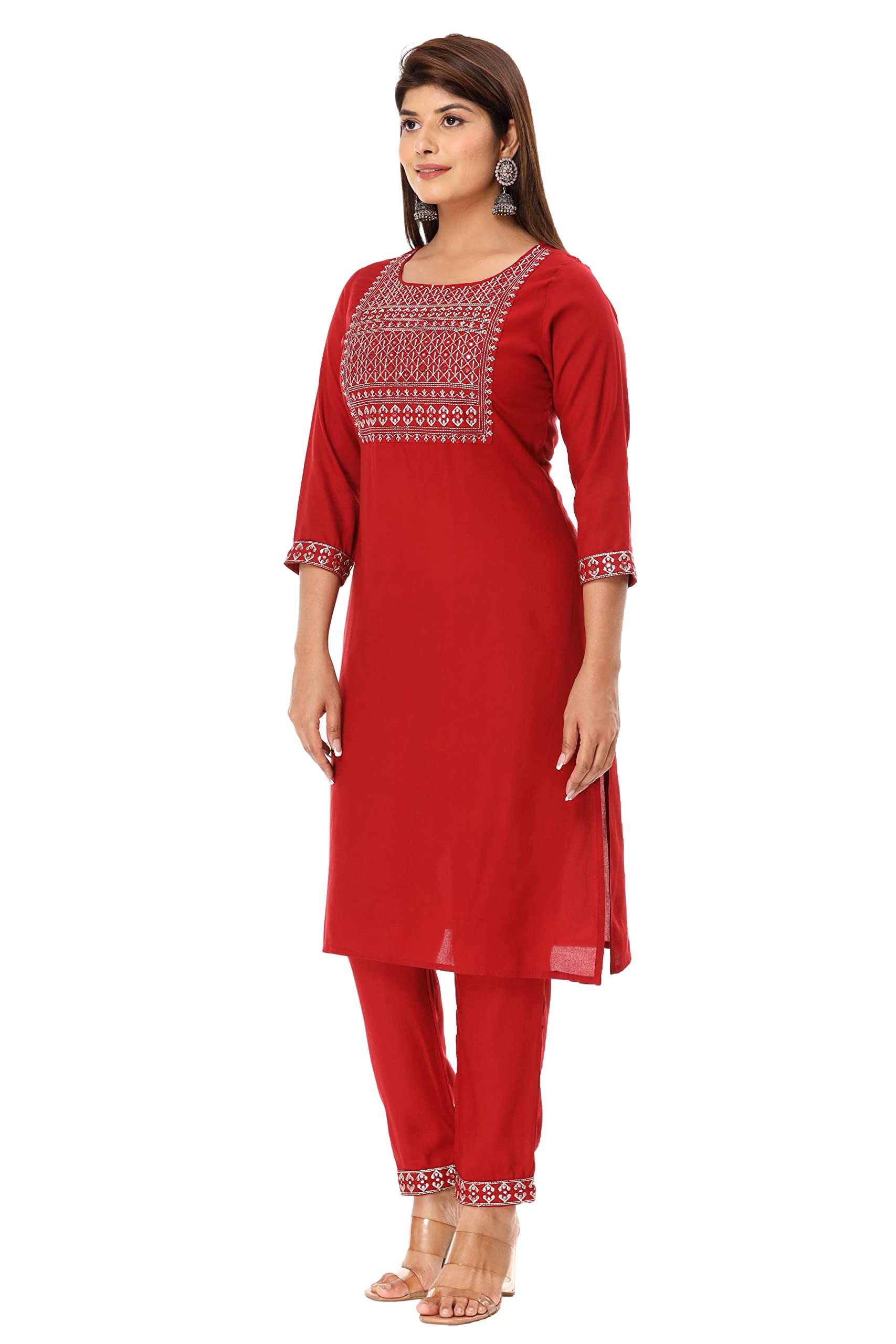 Vihaan Impex Red Kurta Embroidered Kurti with Pant Partywear Dress for Women