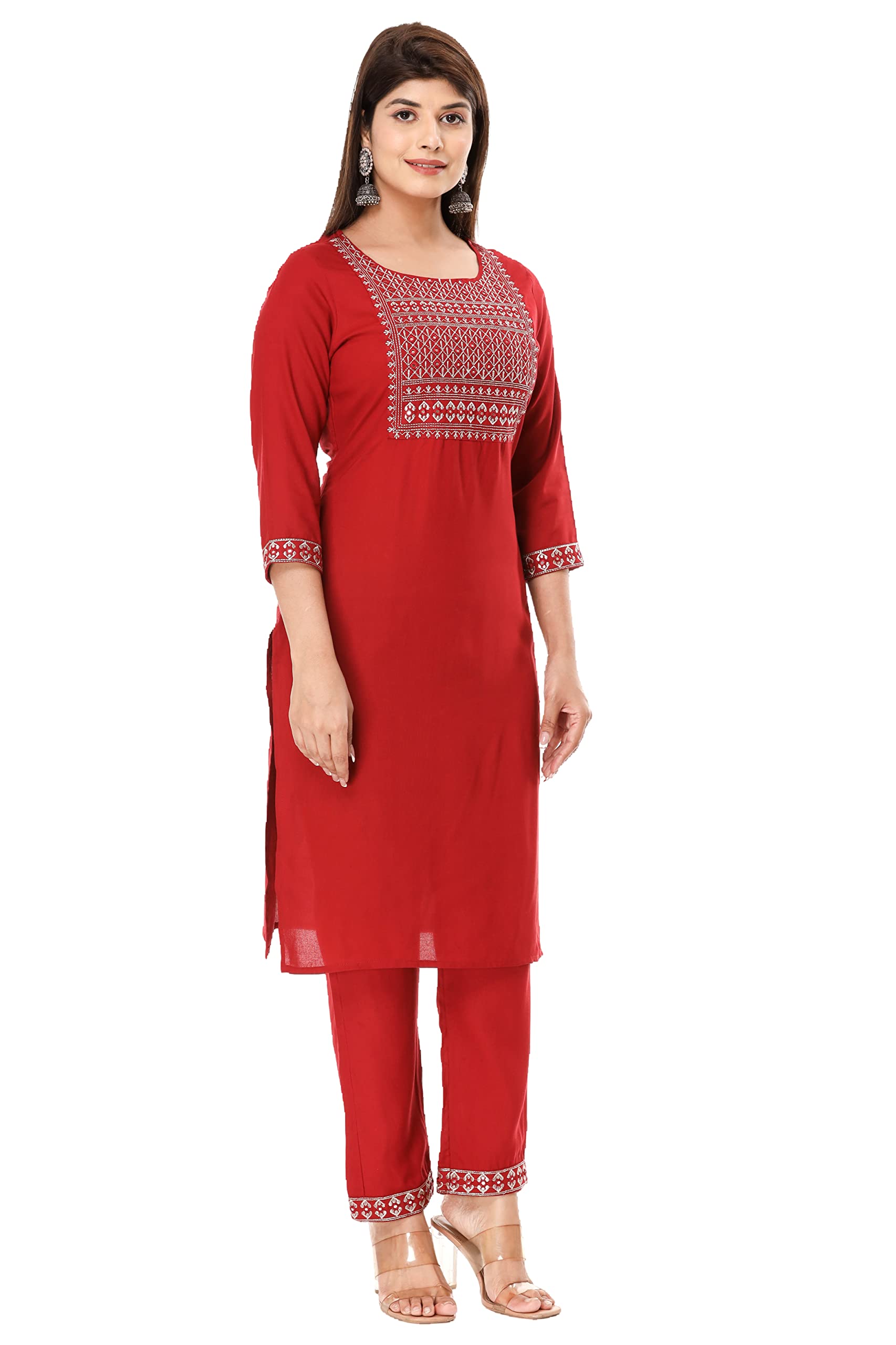 Vihaan Impex Red Kurta Embroidered Kurti with Pant Partywear Dress for Women