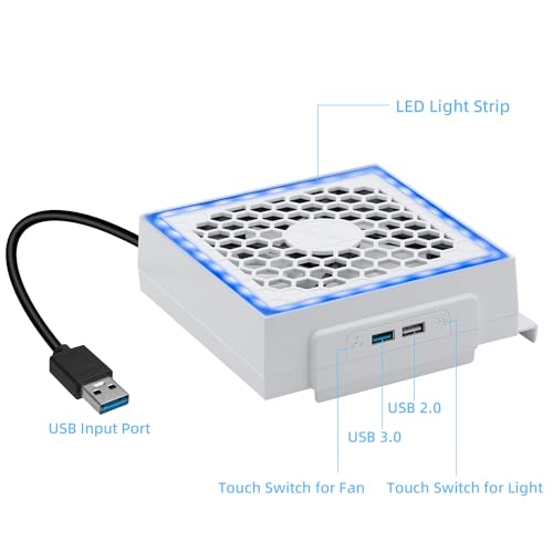 Mcbazel Cooling Fan for Xbox Series S, RGB LED Display, Low Noise, 2 Extra USB Ports, 3 Level Adjustable Speed External Cooler Fan for Xbox Series S Console Only - White