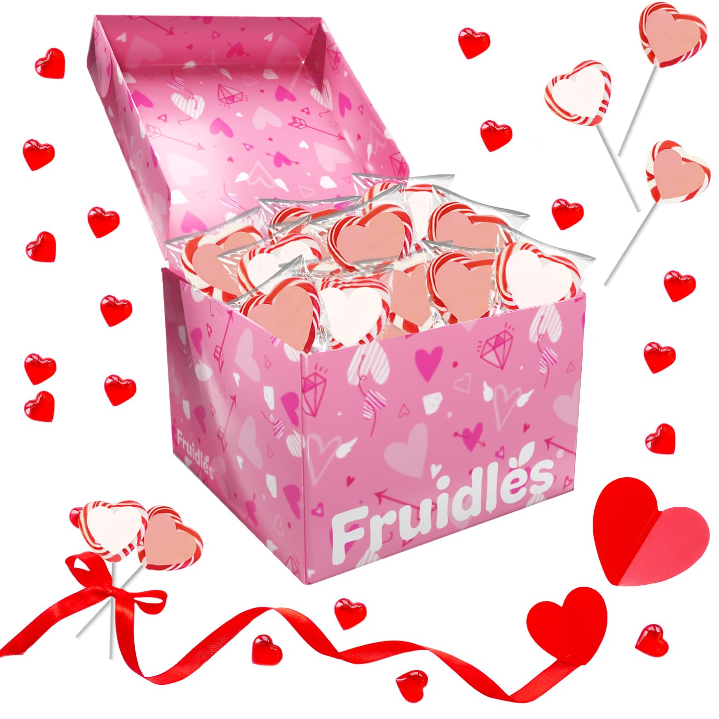 Fruidles Valentine's Day Red and White Swirl Heart Lollipop Candy Sucker Assorted, Individually Wrapped (24-Pack)