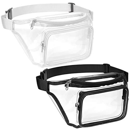 Veckle 2 Pack Clear Fanny Pack Stadium Approved - Adjustable Belt Bag for Women Men Fits Sports Events, Travel, Beach, Concerts, Transparent Waist Bag, Black + White