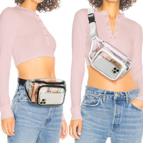 Veckle 2 Pack Clear Fanny Pack Stadium Approved - Adjustable Belt Bag for Women Men Fits Sports Events, Travel, Beach, Concerts, Transparent Waist Bag, Black + White