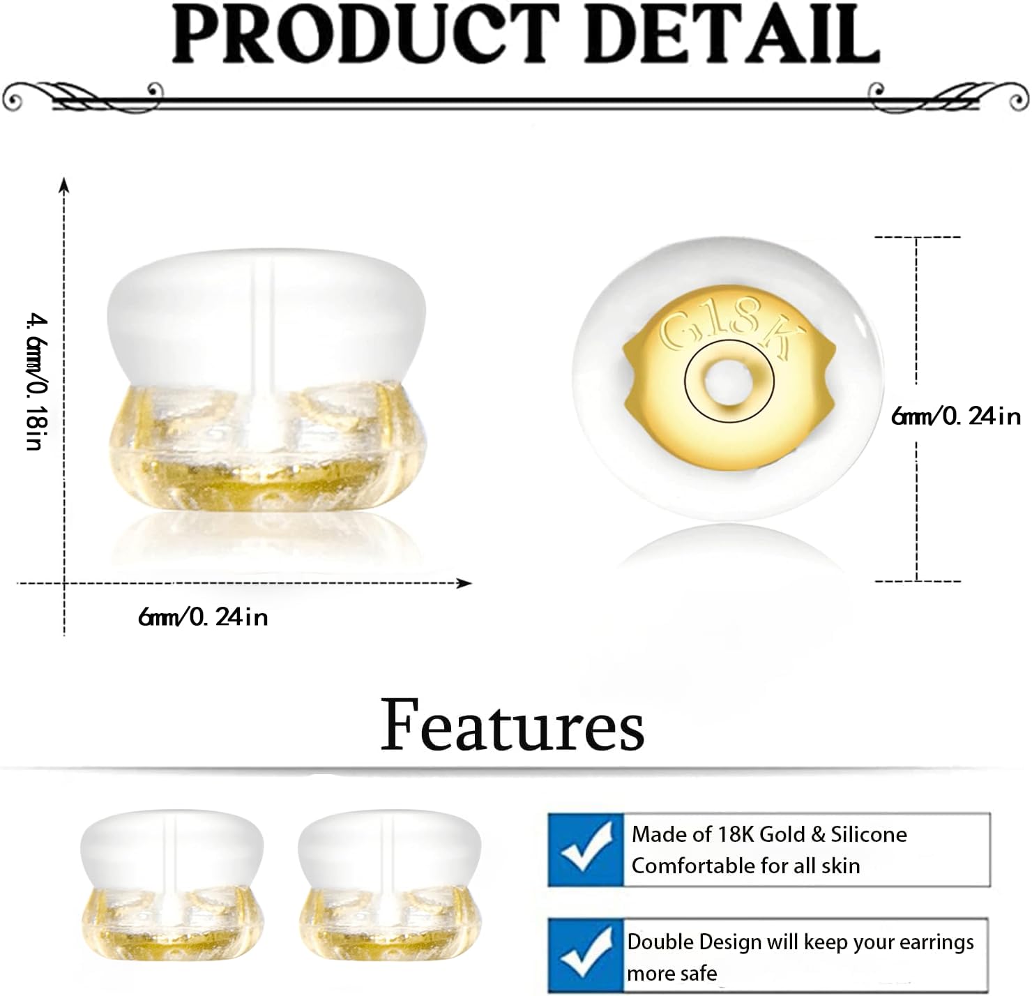 Earring Backs,18K Gold Silicone Earring Backs for Studs/Droopy Ears,Locking Secure Earring Backs for Heavy Earring,No-Irritate Hypoallergenice Soft Clear Earring Backs for Adults&Kids