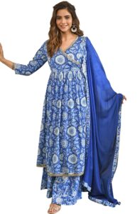 janasya indian women's blue floral block printed angrakha kurta with flared palazzo and dupatta