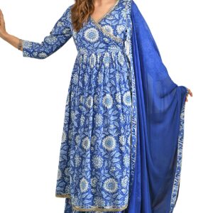 Janasya Indian Women's Blue Floral Block Printed Angrakha Kurta with Flared Palazzo and Dupatta