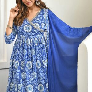 Janasya Indian Women's Blue Floral Block Printed Angrakha Kurta with Flared Palazzo and Dupatta