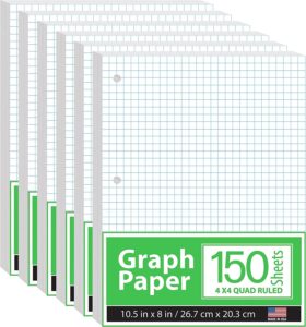 graph paper, loose leaf graph paper, 4 x 4 an inch quad ruled graph paper, 10.5” x 8” graphing paper, 56 gsm, 150 per pack, 900 sheets (6 pack)