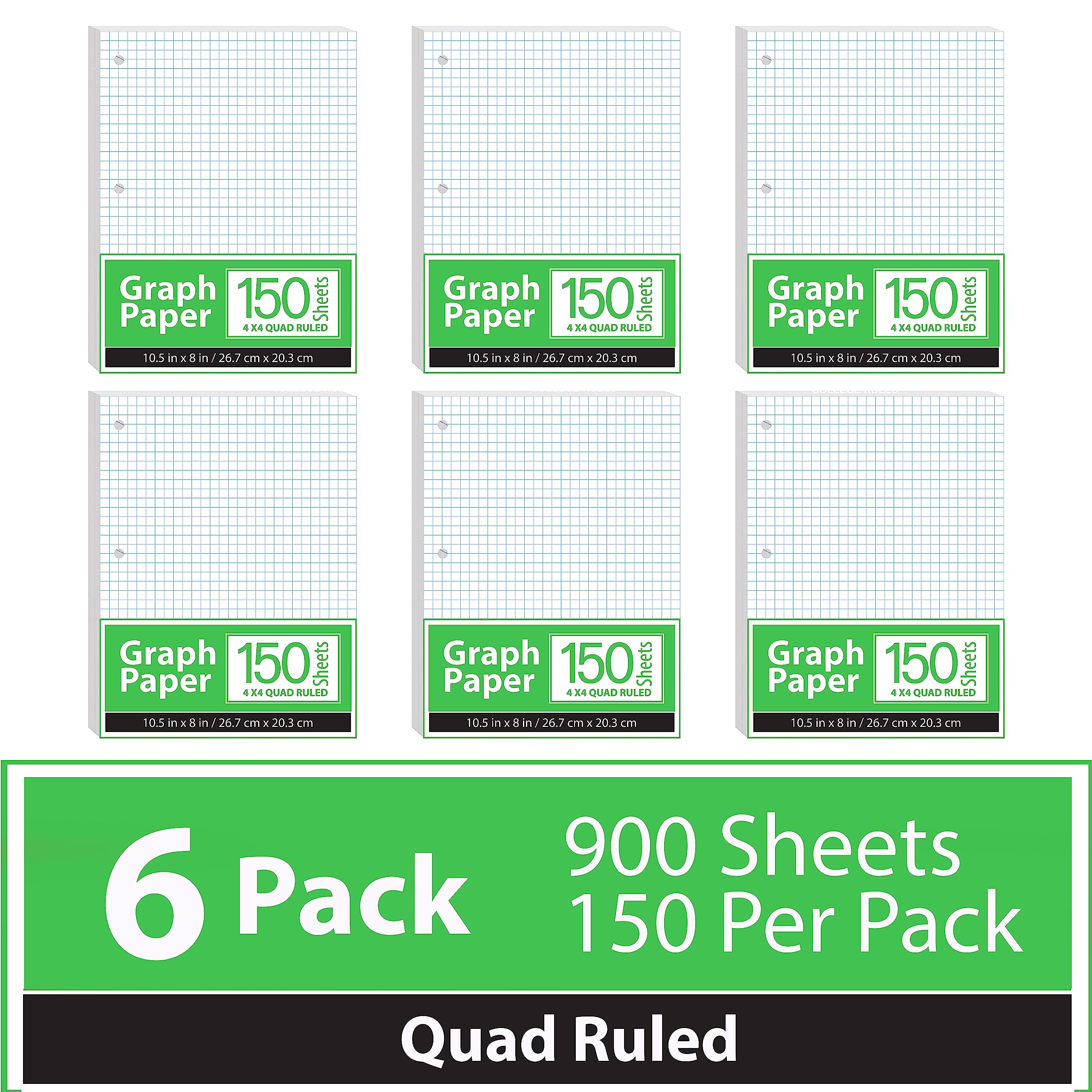 Graph Paper, Loose Leaf Graph Paper, 4 x 4 An Inch Quad Ruled Graph Paper, 10.5” x 8” Graphing Paper, 56 gsm, 150 Per Pack, 900 Sheets (6 Pack)