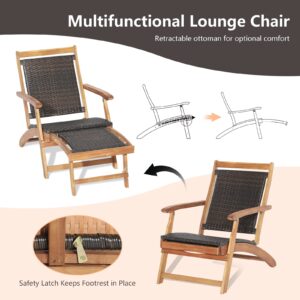 HAPPYGRILL Lounge Chair Table Set Outdoor Acacia Wood Lounge Chair with Wicker Side Table Folding Chaise Lounge with Retractable Ottoman for Garden Balcony Poolside