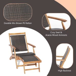 HAPPYGRILL Lounge Chair Table Set Outdoor Acacia Wood Lounge Chair with Wicker Side Table Folding Chaise Lounge with Retractable Ottoman for Garden Balcony Poolside