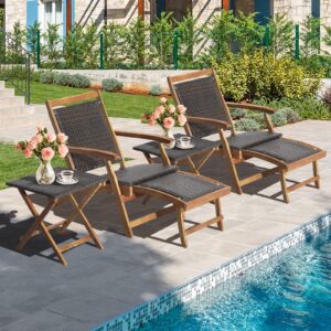 HAPPYGRILL Lounge Chair Table Set Outdoor Acacia Wood Lounge Chair with Wicker Side Table Folding Chaise Lounge with Retractable Ottoman for Garden Balcony Poolside