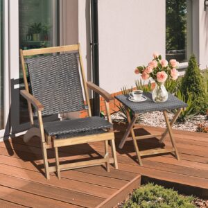 HAPPYGRILL Lounge Chair Table Set Outdoor Acacia Wood Lounge Chair with Wicker Side Table Folding Chaise Lounge with Retractable Ottoman for Garden Balcony Poolside