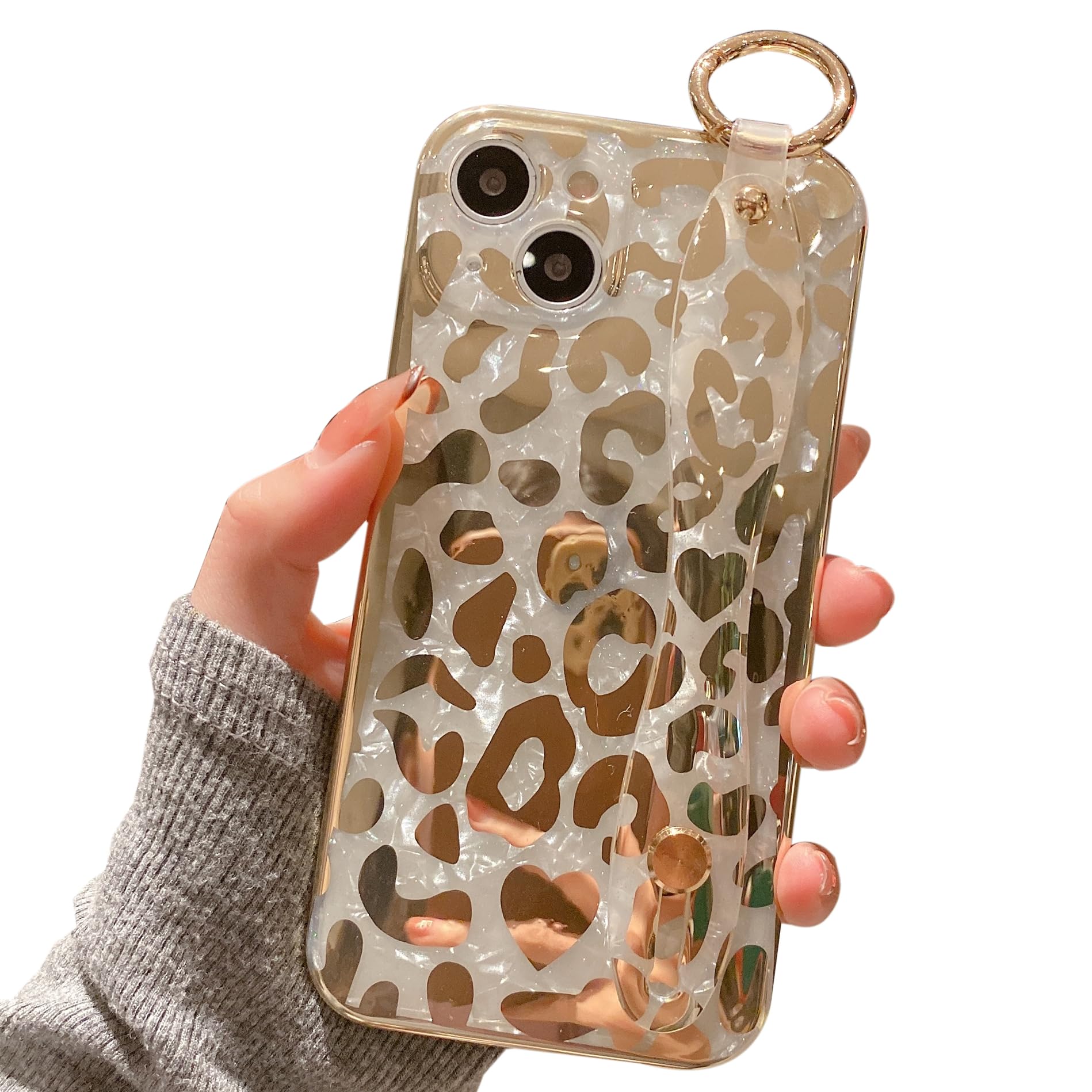 AYABUCO for iPhone 14 Plus Case Golden Plating Leopard Wrist Strap Holder and Finger Loop, Soft TPU Adjustable Wrist Strap Loop Kickstand Cute Print Pattern Design Women Girls Protective Cover