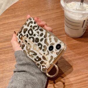 AYABUCO for iPhone 14 Plus Case Golden Plating Leopard Wrist Strap Holder and Finger Loop, Soft TPU Adjustable Wrist Strap Loop Kickstand Cute Print Pattern Design Women Girls Protective Cover