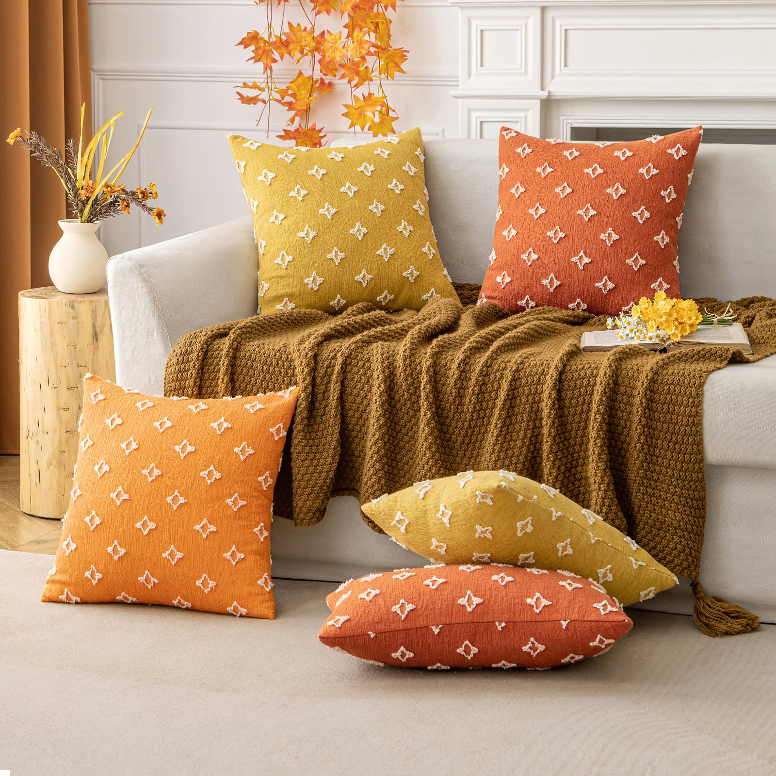 ANRODUO Pack of 2 Orange Pillow Covers Boho Decorative Throw Pillow Covers with Tufted Rhombic Jacquard for Fall Room Decor Decorations 20x20 Cute and Soft Pillowcase for Couch Sofa Bed Living Room