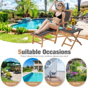 RELAX4LIFE Patio Lounge Chair Set - Outdoor Acacia Wood Chaise Lounge w/Side Table, Armrest & Retractable Ottoman, Rattan Seat, Tabletop, Quick Folding Sunbathing Chair for Backyard, Poolside (2)