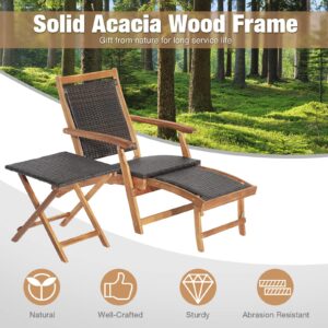 RELAX4LIFE Patio Lounge Chair Set - Outdoor Acacia Wood Chaise Lounge w/Side Table, Armrest & Retractable Ottoman, Rattan Seat, Tabletop, Quick Folding Sunbathing Chair for Backyard, Poolside (2)