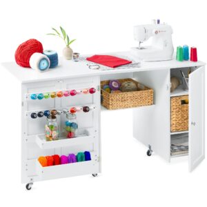 best choice products large folding sewing table, multipurpose portable craft station & side desk w/compact design, caster wheels, storage shelves, 2 storage trays, magnetic doors - white